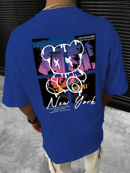 New York Art Word Cartoon Bear Sunset Scenery Design T Shirts Men Fashion Cotton Shirt Loose Summer T Shirts Oversized Tee