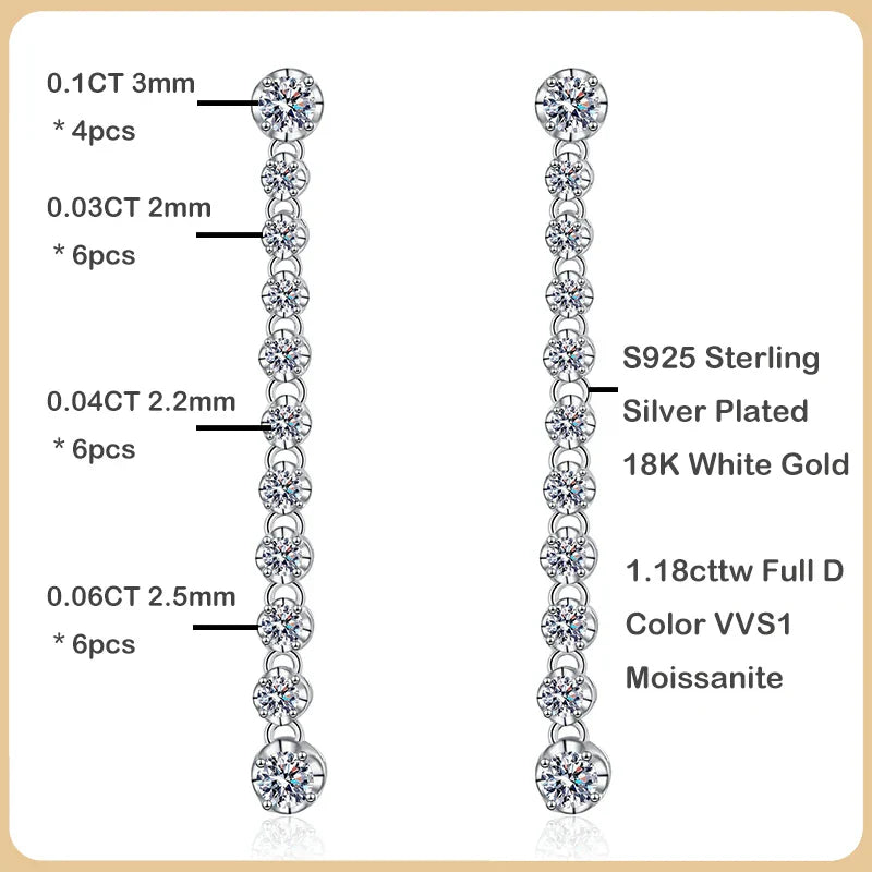 Luxury Designer Real D Color 1.18cttw Full Moissanite Drop Earring for Women 925 Silver Diamond Long Tassel Dangle Earrings