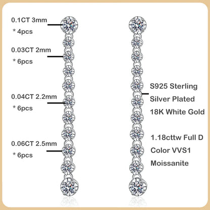 Luxury Designer Real D Color 1.18cttw Full Moissanite Drop Earring for Women 925 Silver Diamond Long Tassel Dangle Earrings