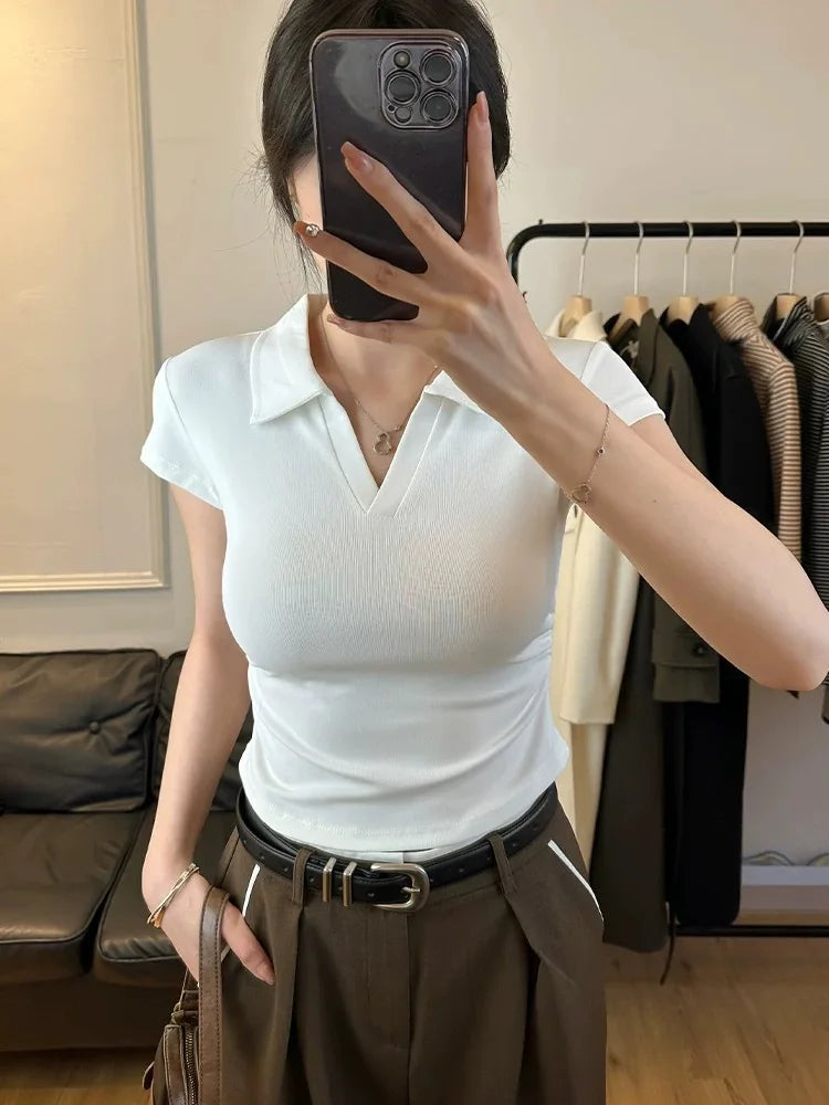 Camiseta Polo Feminina Curta Sexy de Verão em Algodão, Blusa Slim Básica Lisa de Manga Curta para Mulheres