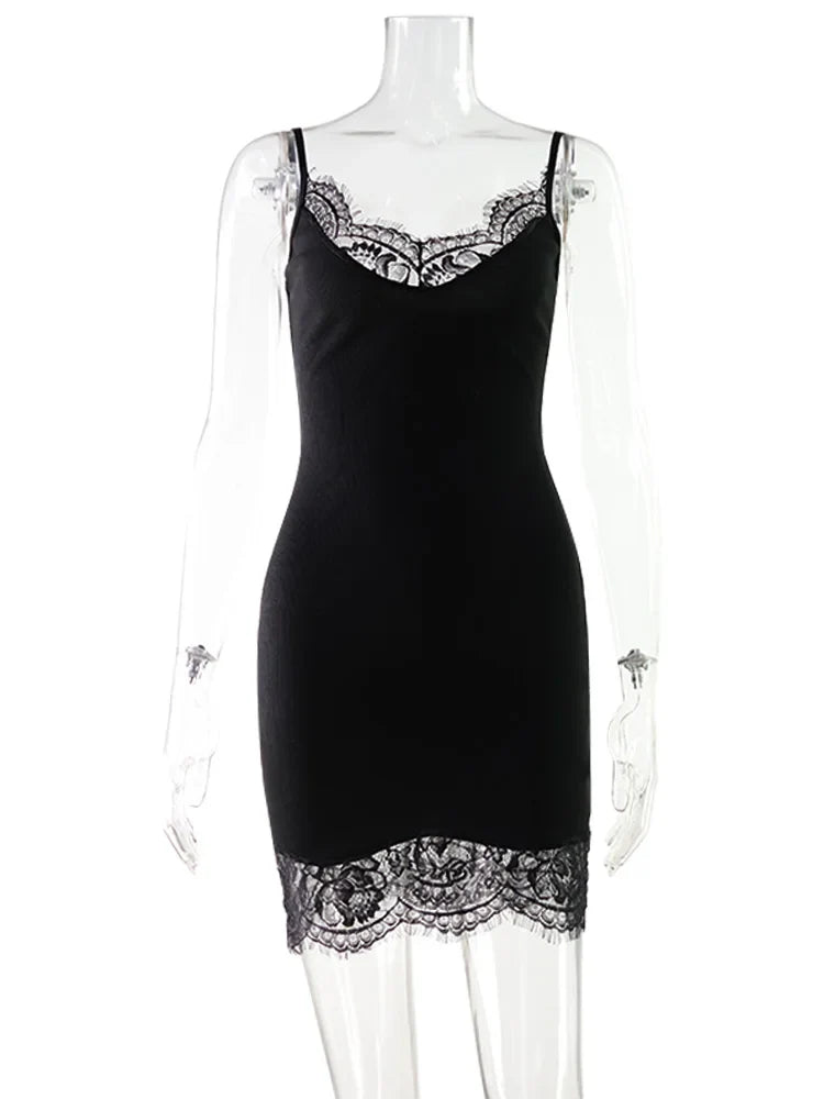 Women's Mini Dress Straps Patchwork Lace Sheath Sleepwear Sleeveless Nightgown Camisole Basic Female Vestidos Slim