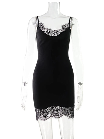 Women's Mini Dress Straps Patchwork Lace Sheath Sleepwear Sleeveless Nightgown Camisole Basic Female Vestidos Slim