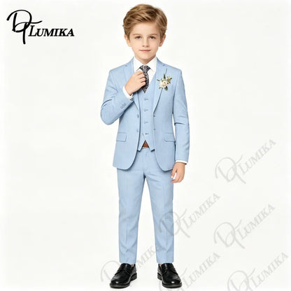 Boys’ 4-Piece Sky Blue Suit with Floral Tie for Weddings & Graduation