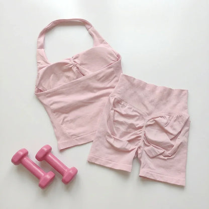 Sexy Halter Neck Beautiful Back High Waist Peach Sports Bras Shorts Suit Pilates Gathering Yoga Vest Training Fitness Bra Sets