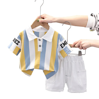 ‌New 2025 Boys Cotton Striped Shorts Set 2-Piece Summer Outfit Fashion Short Sleeve Casual Playwear Stylish Kids Clothing‌