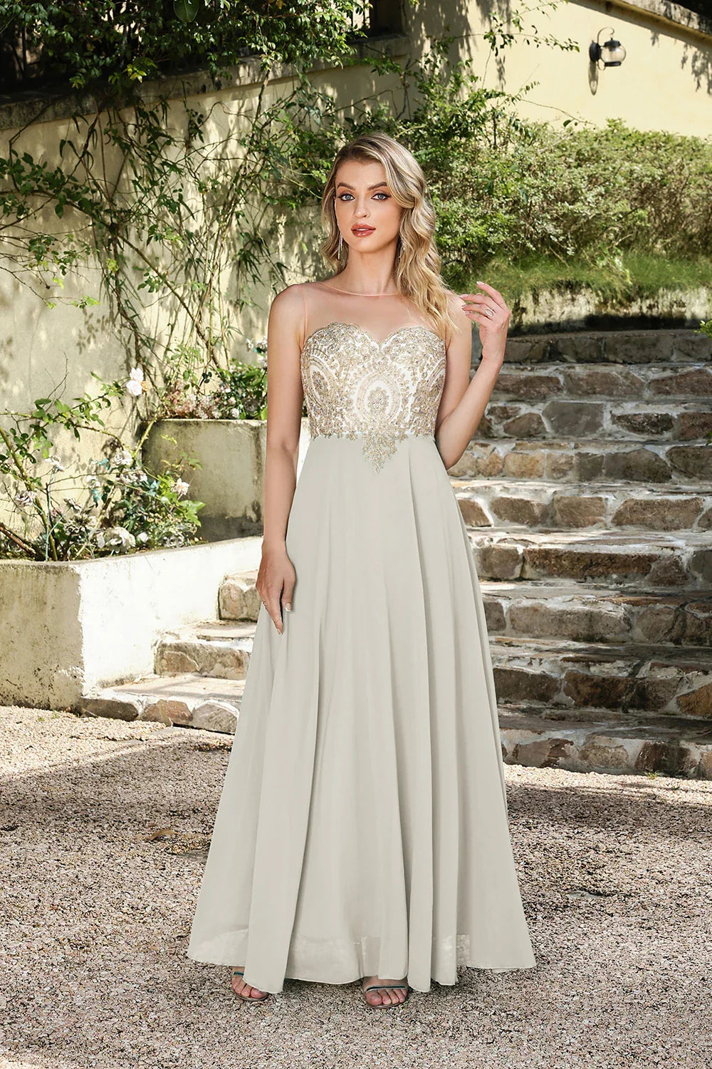 Elegant Sweetheart Prom Dress with Gold Embroidered Bodice & Flowing Chiffon Skirt for Homecoming & Formal Events