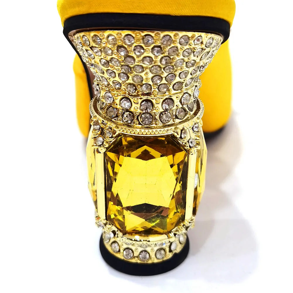 Bolsas e Sapatos de Casamento com Salto Alto Feminino de Festa com Strass Luxuosos na Cor Amarela Elegantes para a Noite