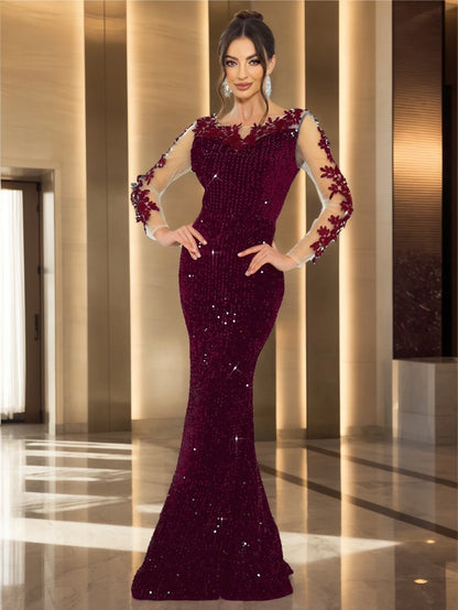 O Neck Long Sleeve With Flowers Sequin Evening Party Dress Elegant Women Sexy Backless Formal Prom Dresses