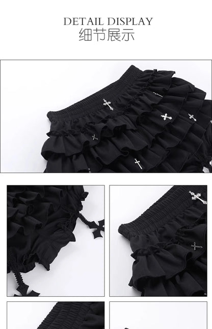 2026 Summer New Arrival Hot Girl Trendy Versatile Mini Skirt Dark Cross DesignTiered Cake Black Fluffy Skirts