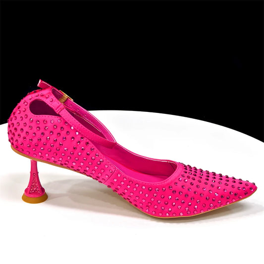 Elegant Fuchsia Women's Heels & Handbag Set – Stunning Rhinestone-Embellished Shoes for Weddings and Special Events