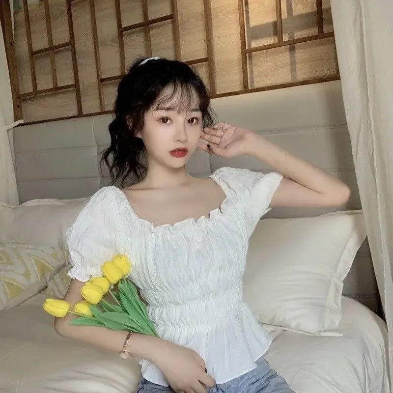 Short Chiffon Shirt Square Neck Top Puff Sleeve Design Women's Short Sleeve Thin Shirt  Womens Blouses Wholesale