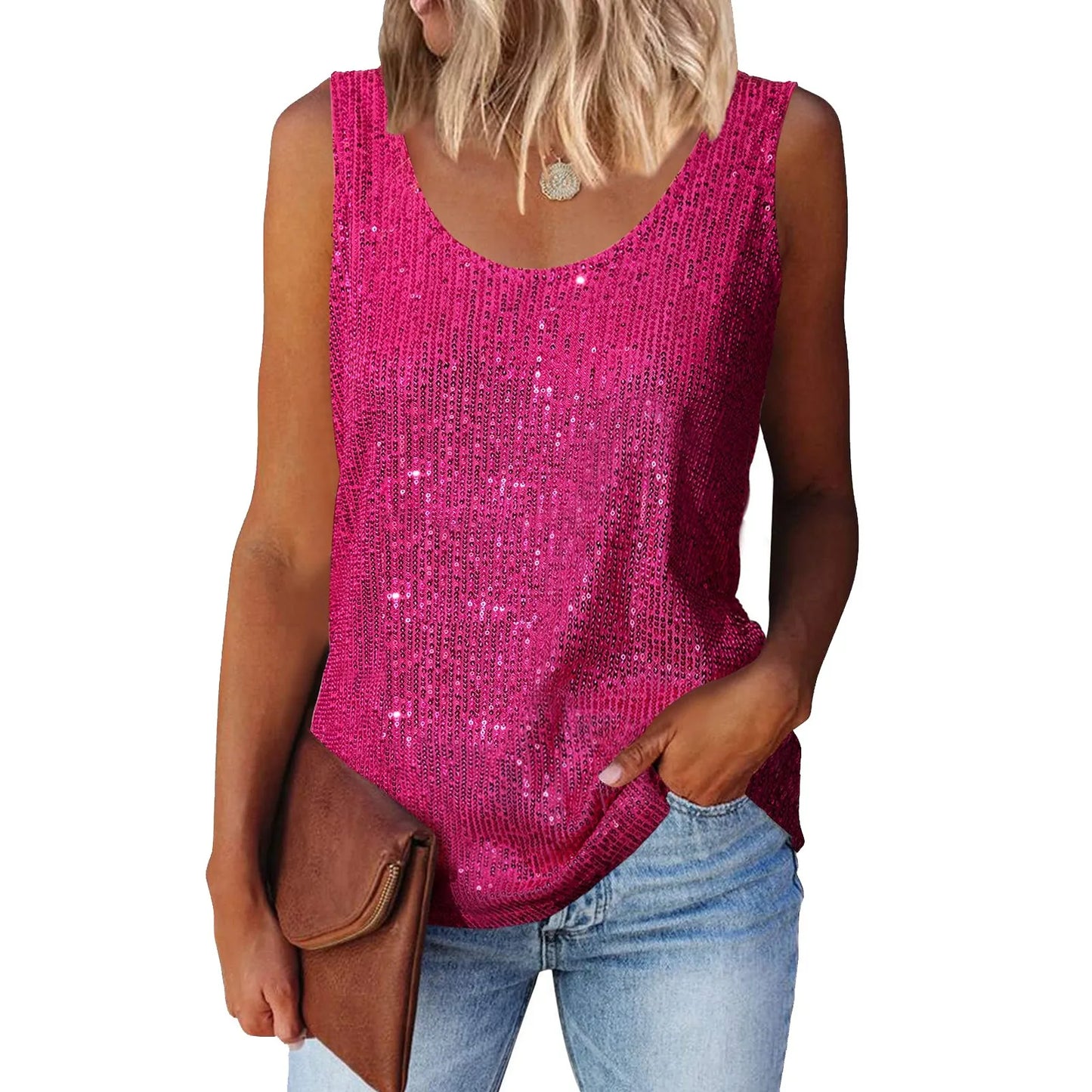Ladies' Sequin Loose U-Neck Sleeveless Glitter Tops Fashion Solid Color Tank Tops For Daily Wear Performance Costume