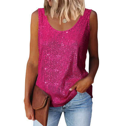 Ladies' Sequin Loose U-Neck Sleeveless Glitter Tops Fashion Solid Color Tank Tops For Daily Wear Performance Costume