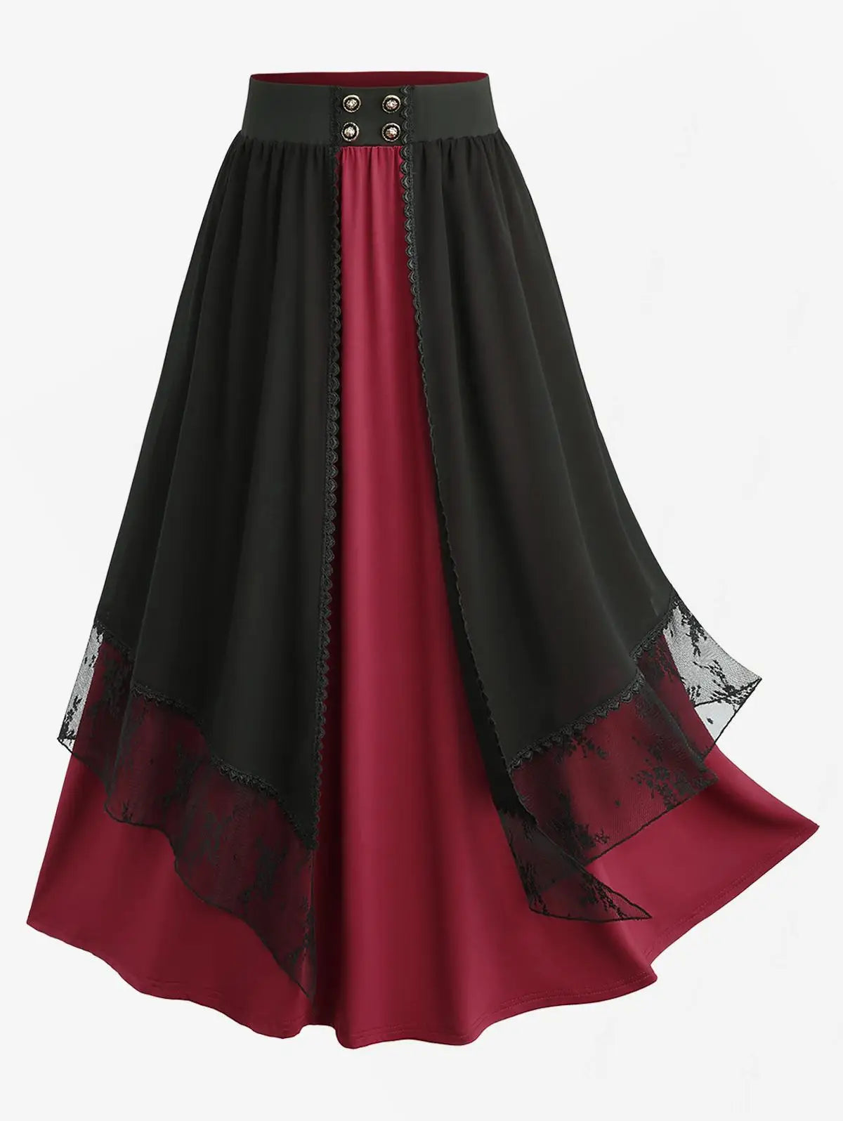 Plus Size Women's Skirts Deep Red Lace Chiffon Layered Skirt Or Halloween Vampire Costume Gothic Lace Up Two Tone Skirt
