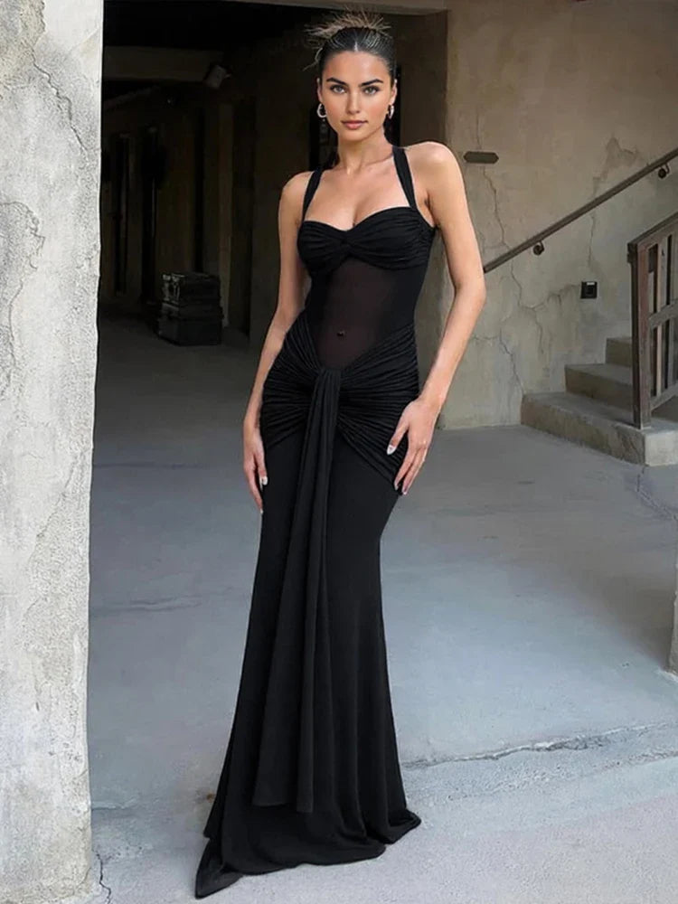 Mesh Patchwork Dress Women Summer Trend Off Shoulder Backless Ruched Ribbon Midnight Prom Party Hipster Vestidos