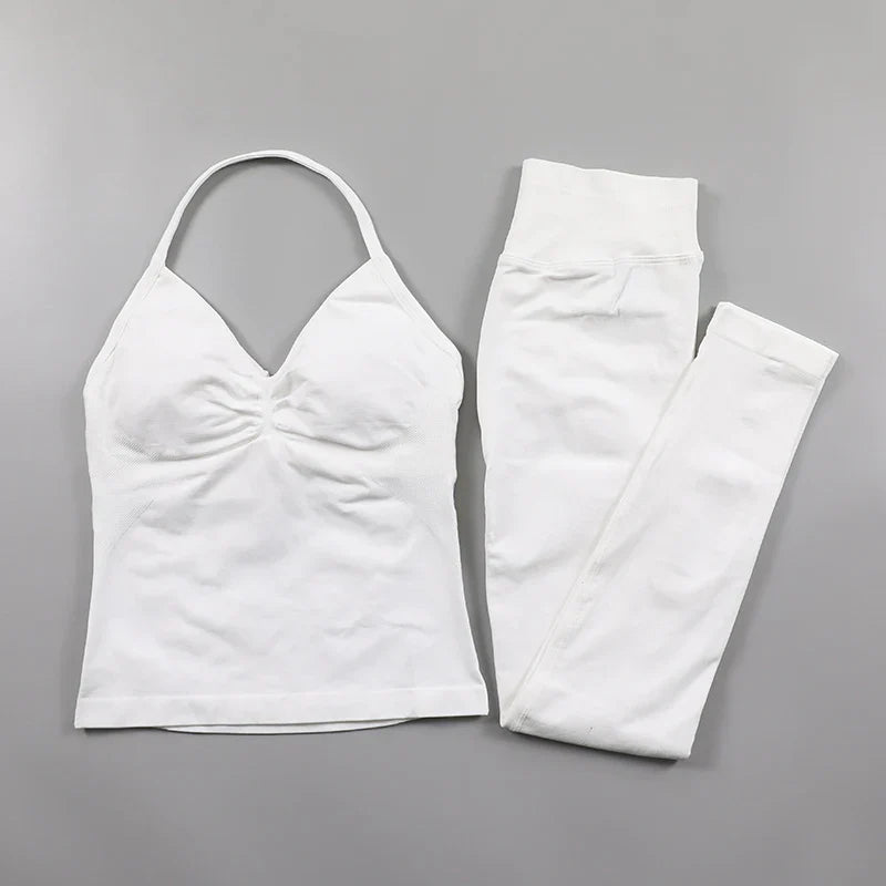 Yoga Longline Strappy Top Leggings Set Women's Backless Camisole Built-In bra Vest High-Waisted Hip Lift Gym Shorts Sports Set