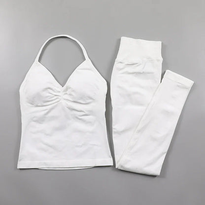 Yoga Longline Strappy Top Leggings Set Women's Backless Camisole Built-In bra Vest High-Waisted Hip Lift Gym Shorts Sports Set