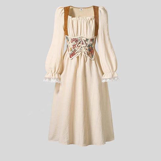 2025 New Girls Autumn Dress Solid Color Beige Square Collar Long Sleeve Corset Strappy A-Line Dress For Girls 8-12 Years Frenchy