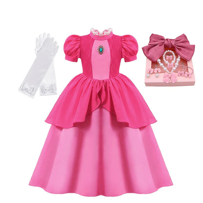 Peach Cosplay Dress Girl Movie Role Playing Princess Fancy Carnival Birthday Party Outfits Children 2-10y Pink Queen Vestidos