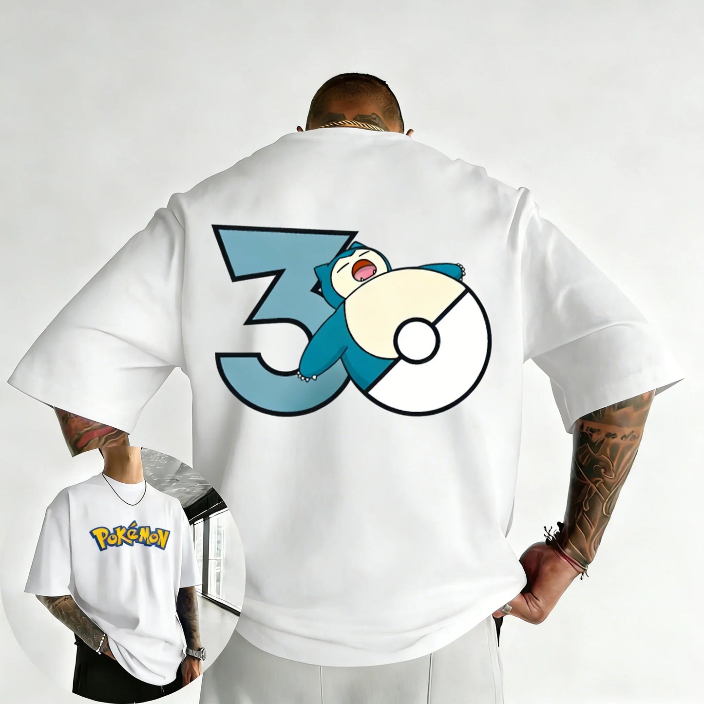 30th Anniversary Snorlax Printed T-shirt Summer Men's and Women's Trendy Large Loose Casual Y2K Short Sleeve Top