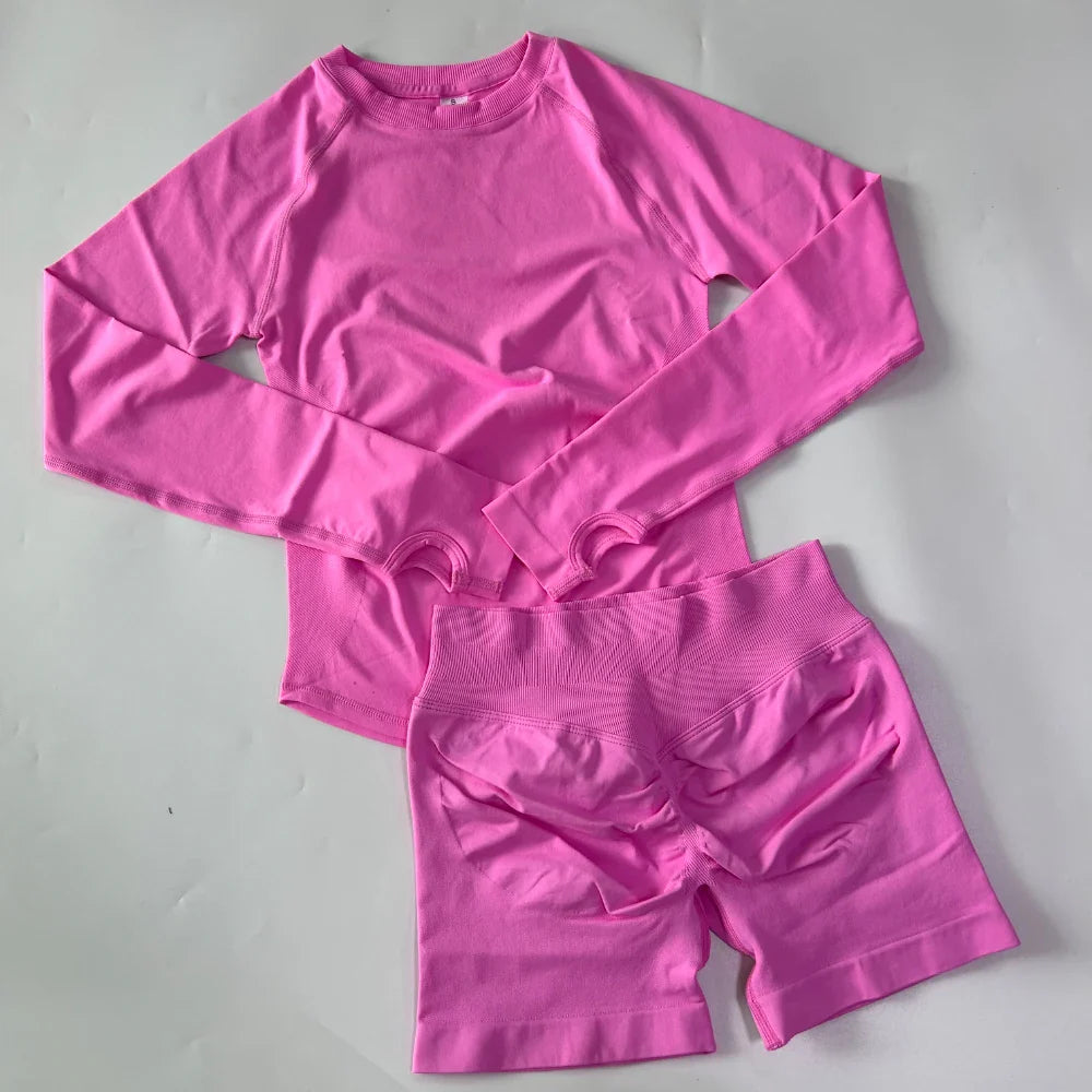 2 Pieces Set Women Longline Long Sleeve Gym Crop Top High Waist Workout Shorts Sports Suit Fitness Clothes Seamless Yoga Set