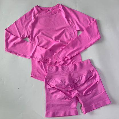 2 Pieces Set Women Longline Long Sleeve Gym Crop Top High Waist Workout Shorts Sports Suit Fitness Clothes Seamless Yoga Set