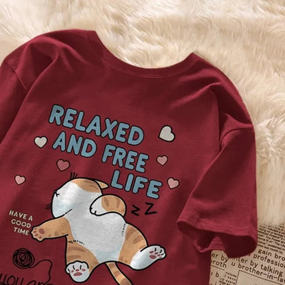 Cute Cartoon Lazy Cat Letter Print Summer Couple Short Sleeved T-shirt Loose Casual Women's Top