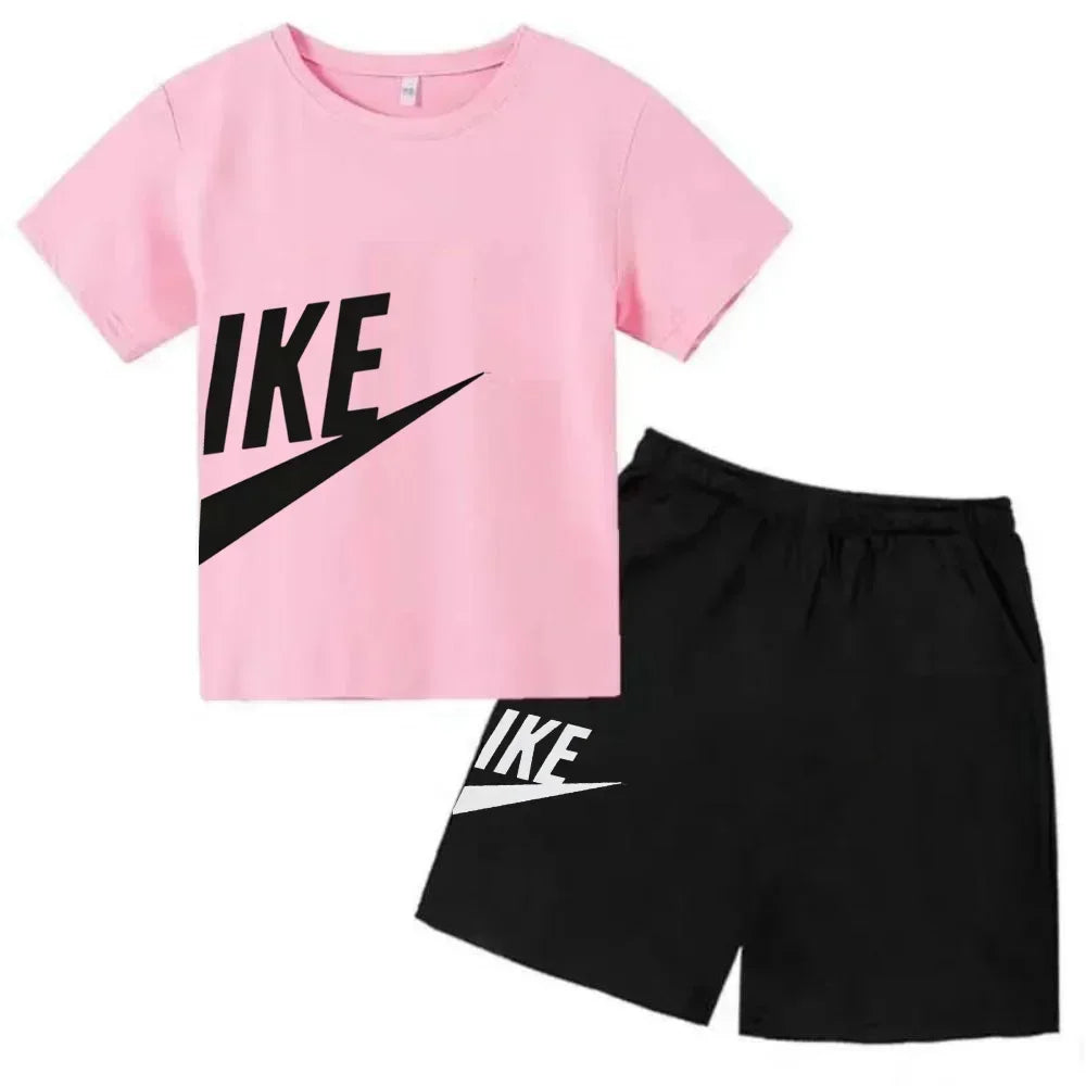 Fashion Sport 2Pcs Outfit, Printed Short Sleeve Tee and Shorts, Comfortable Summer Tracksuit for Boys Girls