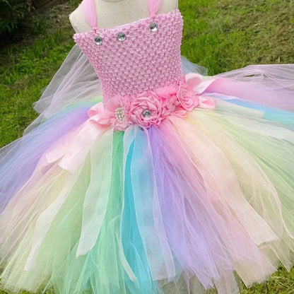 Girls Pastel Butterfly Fairy Dress Kids Flower Tutu Dresses with Wing and Stick Hairbow Outfit Children Birthday Party Costumes