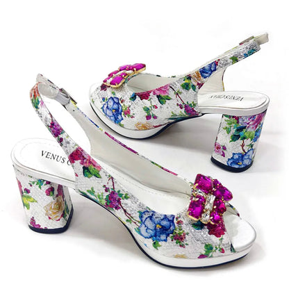Elegant Women Heels for Peep Toe Good Material Design Rhinestone Yellow Sandals Italian Shoes and Bags Matching Set 2024