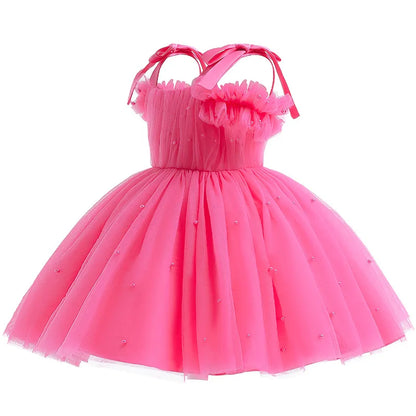 1 to 5 Yrs Kid Summer Baby Girls Ceremonial Dress Children's Pearl Tulle Princess Party Dresses For Wedding Tutu Perform Vestido