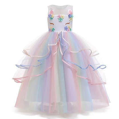 Vestido Longo de Festa de Casamento Unicórnio Arco-Íris para Menina Vestido de Performance de Dança de Personagem de Unicórnio para Festa de Aniversário de Menina Conjunto de Três Peças