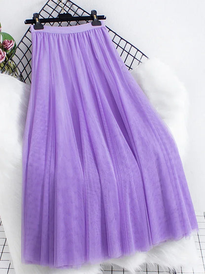 New large hem chiffon long skirt for women's Korean casual simple solid color three-layer A-line high waisted long skirt