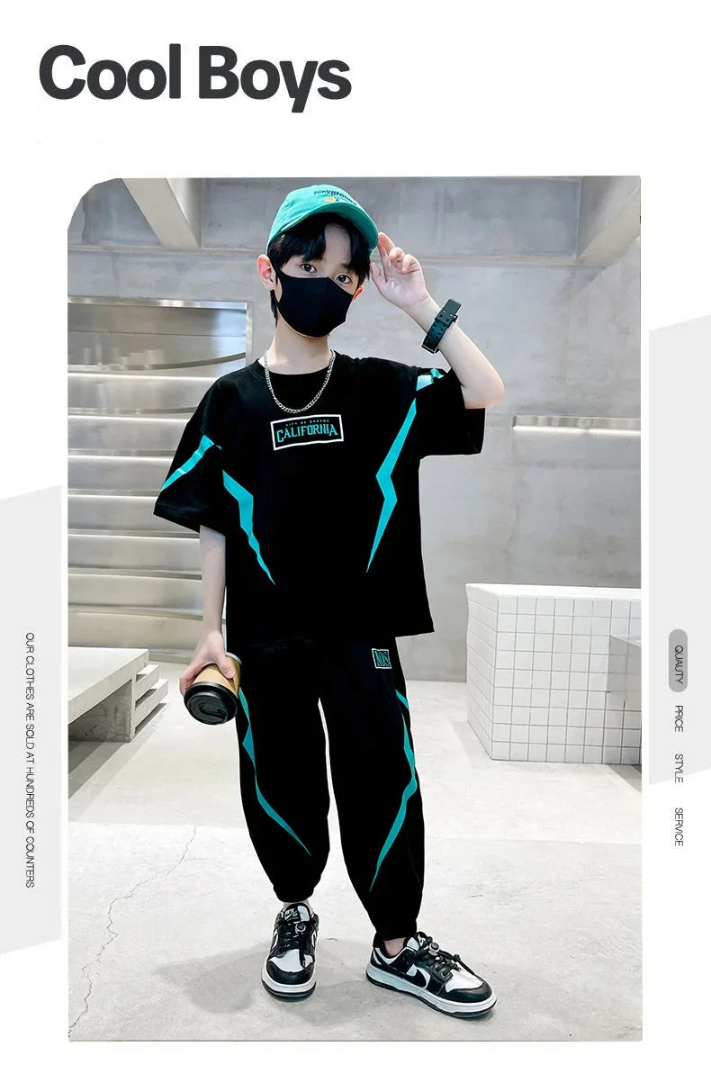 Summer Boys Cotton Alphabet Lightning T-Shirt Tops+Sweatpant School Kids 2PCS Tracksuit Child Jogger Outfit Workout Set 5-14 Yr