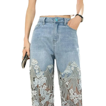 Lace High Waist Jeans Women  Hollow Out Floral Long Pants Slim Straight Trousers Y2k Streetwear Splice Mom Party Club