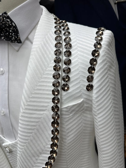 Jacquard Men's Luxurious Crystal 3Pieces Jacket With Vest Pants Wedding Groom Sets Newest Stylish Shawl Lapel Suits Dancing Wear