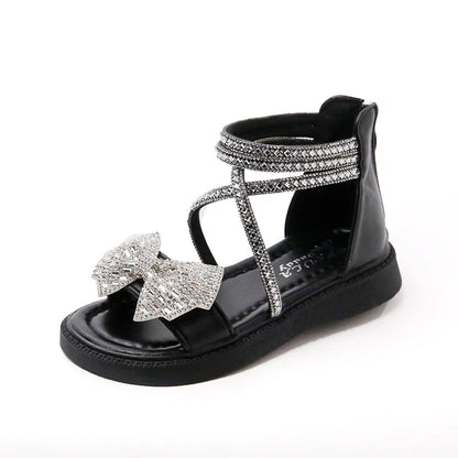 Girls' Shiny Cool Rhinestone Bowknot Children's Sandals 2023 Summer Open-toe Versatile Kids Fashion Back Zipper Casual Shoes New