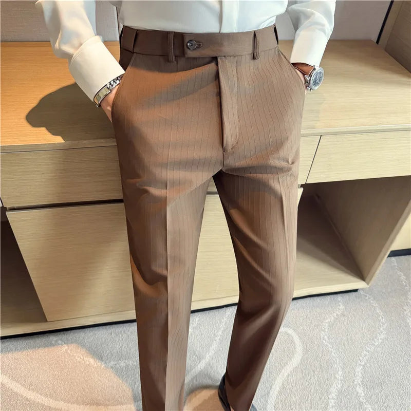 Autumn Winter Elastic Waist Suit Pants Men High Quality Youthful Vitality Smart Casual Suit Trousers Mens Solid Striped Pants