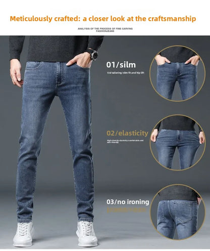 New Autumn/winter 2025 Stretch Wash Jeans for Young Men with Small Straight Elastic WaistJeans Pants Fashion Men's Trousers