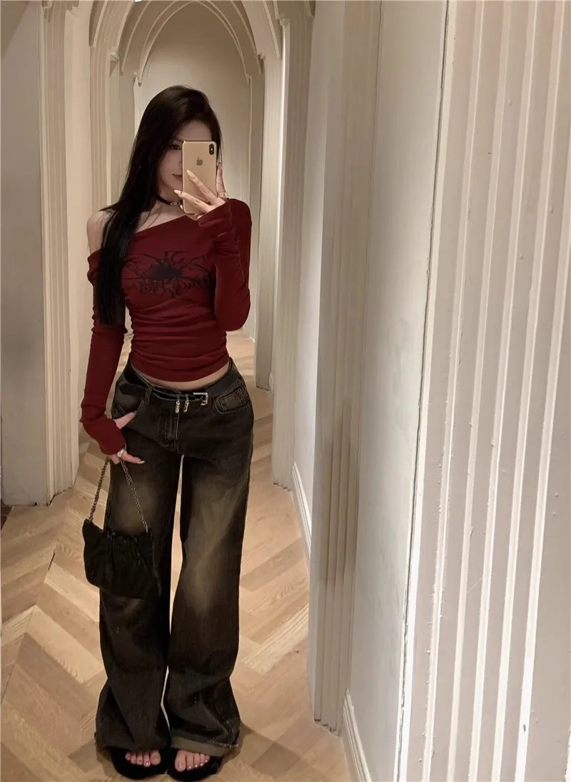 T Shirt Women Long Sleeve Off Shoulder Y2k Vintage Tops Streetwear Korean Style Crop Tops Autumn