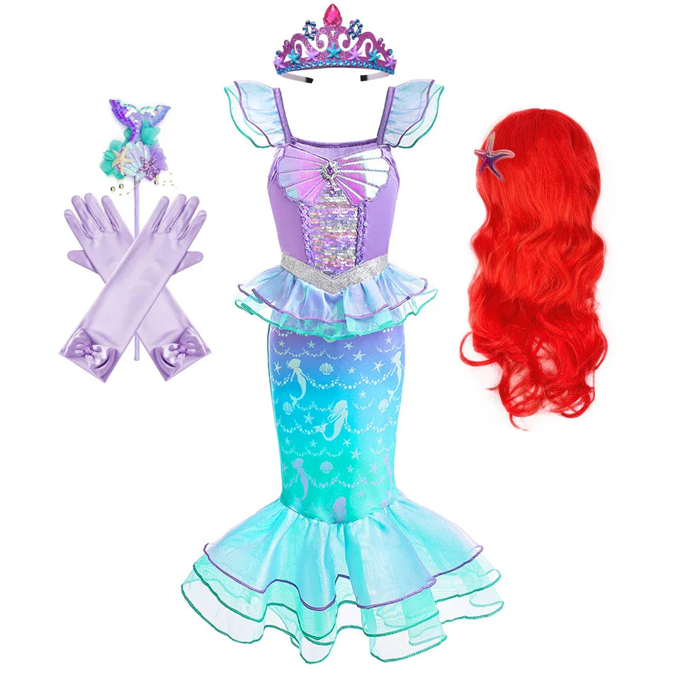 Ariel Cosplay Princess Costume Kids Cartoon Printed Dress Girls Halloween Children Carnival Birthday Party Clothes