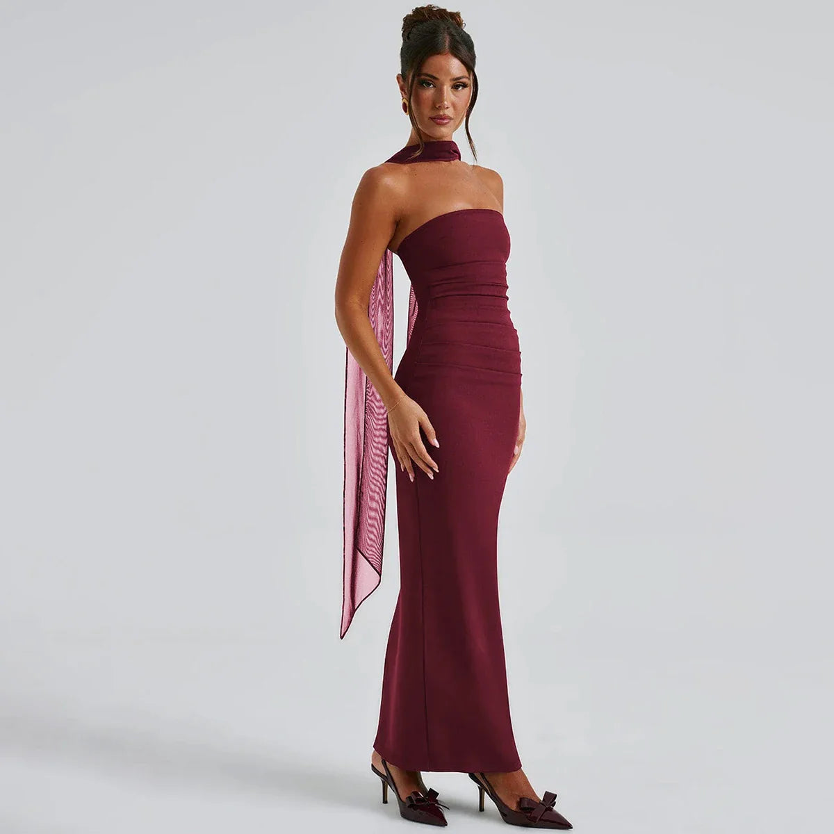 Elegant Scarf Strapless Solid Mesh Gloves Sexy Bodycon Maxi Prom Dress Women Fashion Y2K Outfits Wedding Party Birthday