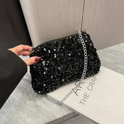 Solid Color Sequins Crossbody Bag Simple INS Chain Sequins Shoulder Bag Pocket Bag Phone Bag Small Square Bag Dinner Party