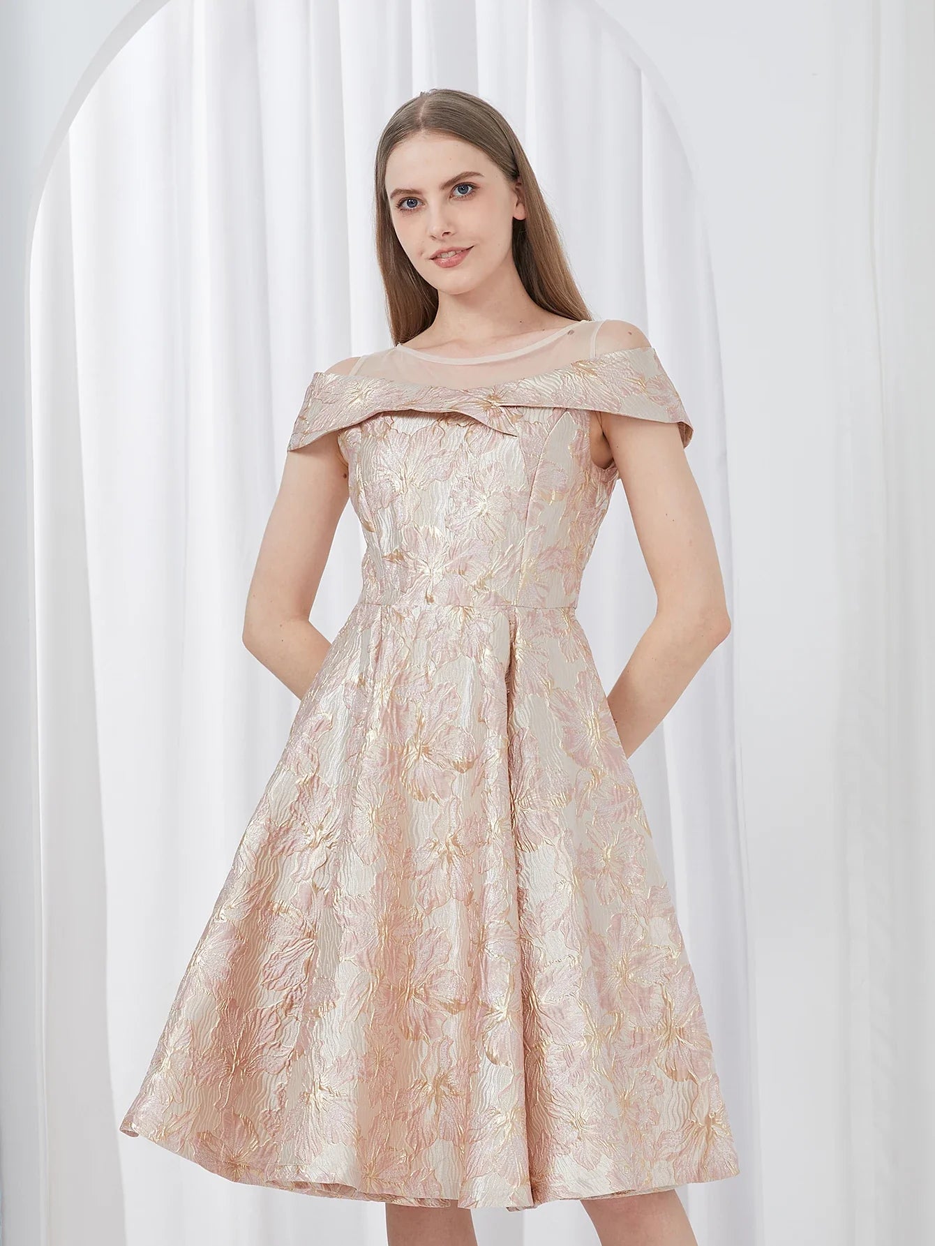 Luxury New Short Evening Dress Women Jacquard Patchwork Embroidery Party Dress Elegant A Line Floral Ball Gown Vestido