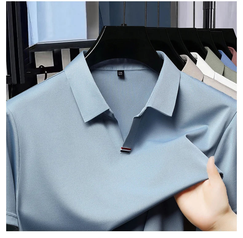 High quality brand solid color V-neck short sleeve polo shirt men summer fashion simple casual ice silk breathable lapel T-shirt