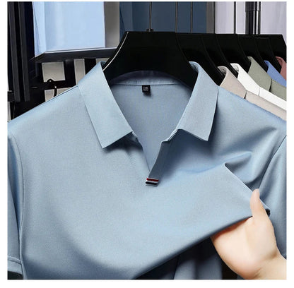 High quality brand solid color V-neck short sleeve polo shirt men summer fashion simple casual ice silk breathable lapel T-shirt