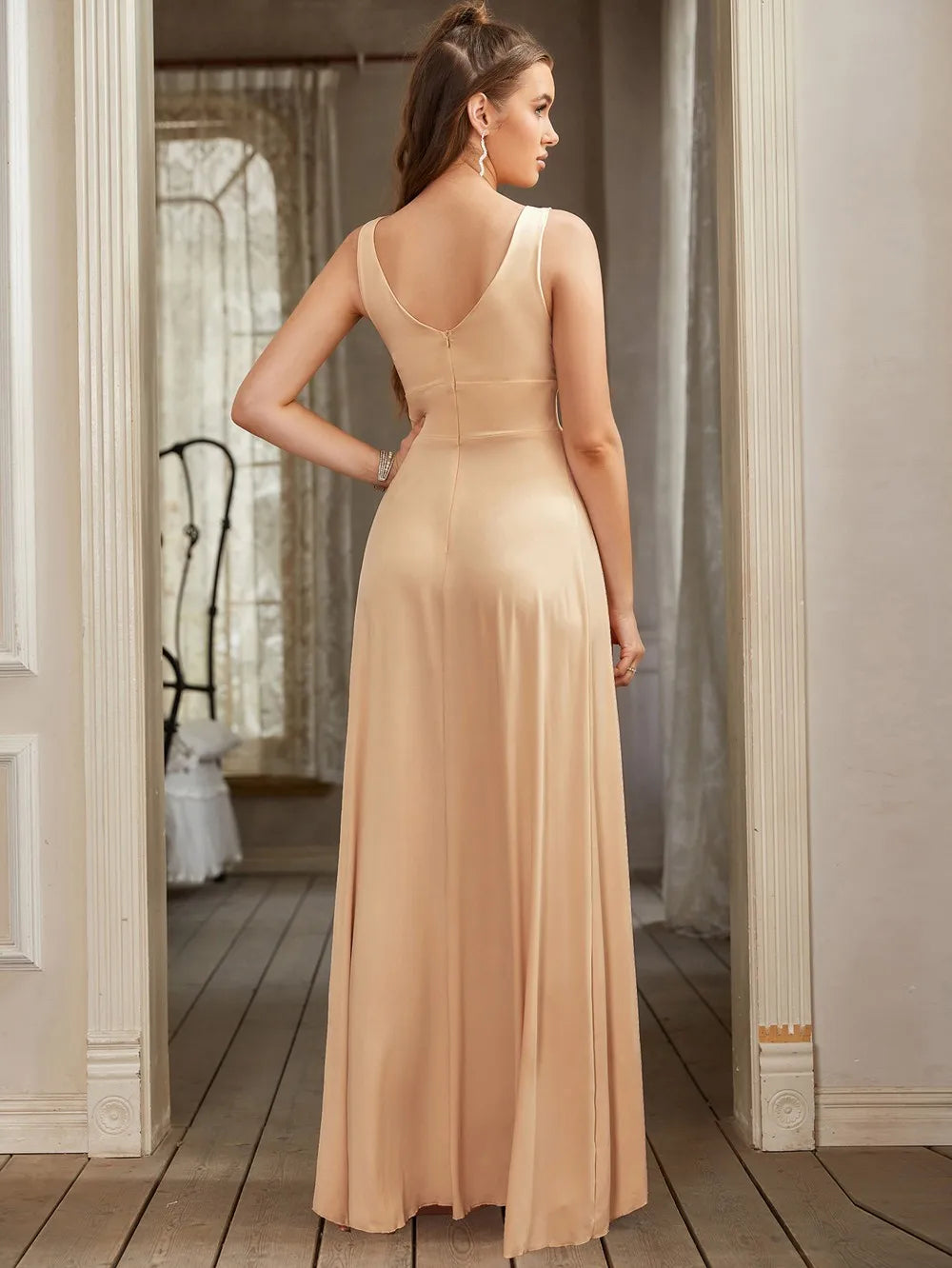Prom Dresses Split V Neck Bridesmaid Dress Elegant Women Wedding Party A Line Formal Dress Sleeveless Floor Length Birthday Gown