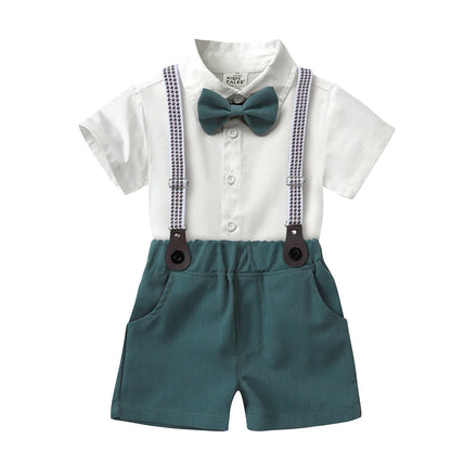 2026 Baby Boy Formal Birthday Outfit Suit Toddler Gentleman Clothes Infant Short Sleeve Bowtie Shirt+Suspender Pants Casual Sets