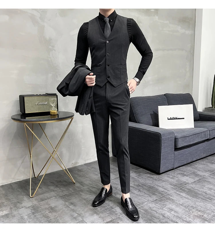 ( Blazer + Vest + Pants ) Boutique Fashion Solid Color Men's Slim Casual Business Suit Three-piece Set Groom Wedding Dress Party