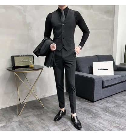 ( Blazer + Vest + Pants ) Boutique Fashion Solid Color Men's Slim Casual Business Suit Three-piece Set Groom Wedding Dress Party